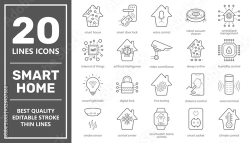 Set of Smart House related vector line icons. Contains such icons as Smart Lock, Robot Vacuum Cleaner, Camera, Light Settings, Humidity Control and more. Editable Stroke