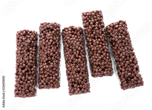 Delicious rice crispy treats isolated on white, top view