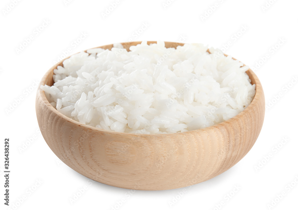Wooden bowl with cooked rice isolated on white Wooden bowl with cooked rice isolated on white