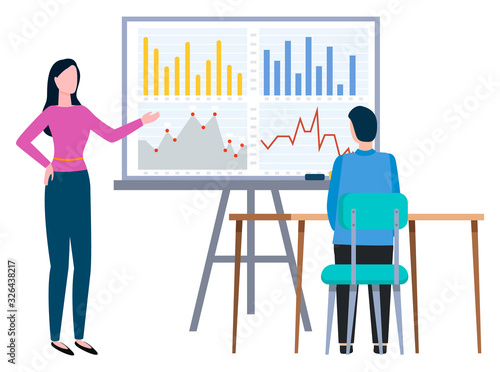 Woman stand near information board and talking to guy. Man sitting by table and listening report. Office workers on appointment or meeting. People conversation. Vector illustration flat style