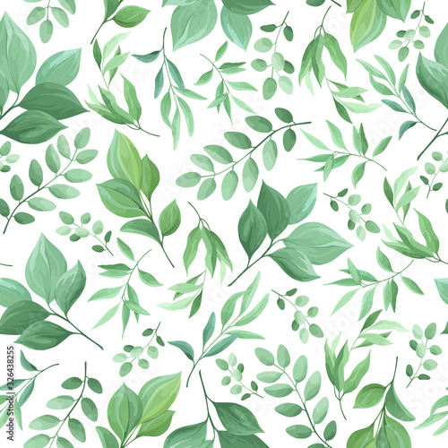 Seamless pattern of green leaves, foliage natural branches, herbs on white background. Floral wallpaper. Vector illustration.