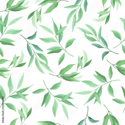 Seamless pattern of green leaves  foliage natural branches  herbs on white background. Floral wallpaper. Vector illustration.