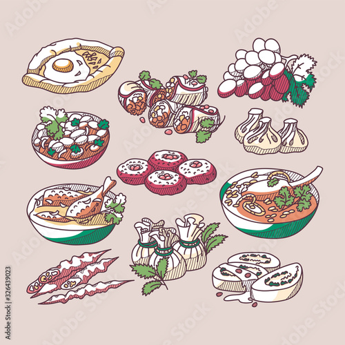 Hand drawn vector illustration of national Georgian dishes. Doodle collection of traditional food.