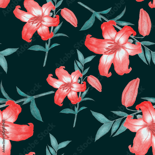 Seamless pattern with garden flowers: tulips, peony, rose, lily, bluebell. De...