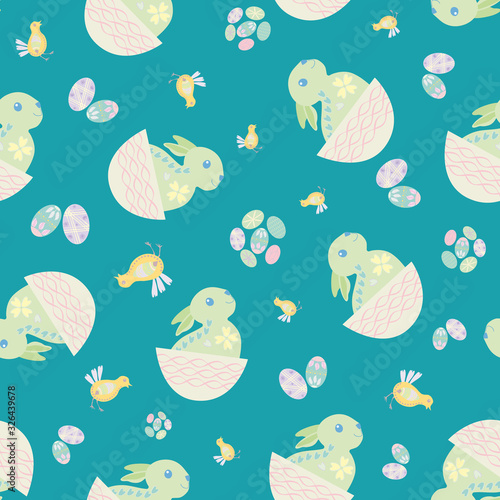 Easter bunny seamless vector pattern background. Decorated folk art rabbits, egg and chicks illustration. Scandinavian style baby animals and spring symbols backdrop. Christian celebration concept © Gaianami Design
