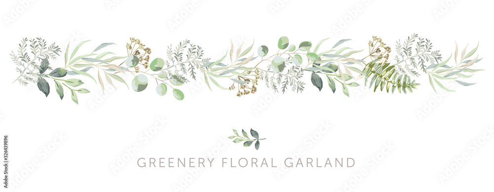 Greenery border of green leaves, fern, white background. Wedding invitation banner. Vector illustration. Floral garland arrangement. Design template greeting card - obrazy, fototapety, plakaty 