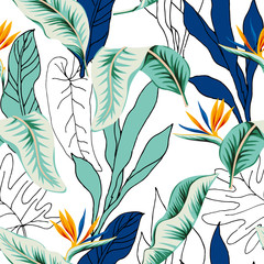 Fototapete Tropische Paradiesblumen-Muster Strelitzia und Palmblätter im Linienstil  © ojardin