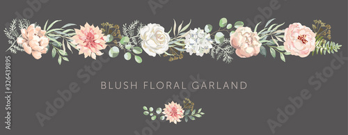Delicate border of blush pink flowers, green leaves background. Wedding invitation banner. Dahlia, rose, peony, fern. Vector illustration. Floral garland arrangement. Design template greeting card