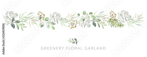 Greenery border of green leaves, fern, white background. Wedding invitation banner. Vector illustration. Floral garland arrangement. Design template greeting card