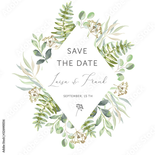 Delicate bouquet of forest green leaves, white background. Wedding invitation diamond, rhomb frame. Greenery, fern. Vector illustration. Floral arrangement. Design template greeting card