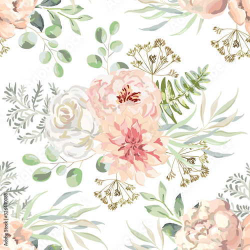 Pink dahlia, rose, peony flowers with green leaves bouquets, white background. Floral illustration. Vector seamless pattern. Botanical design. Nature summer plants. Romantic wedding