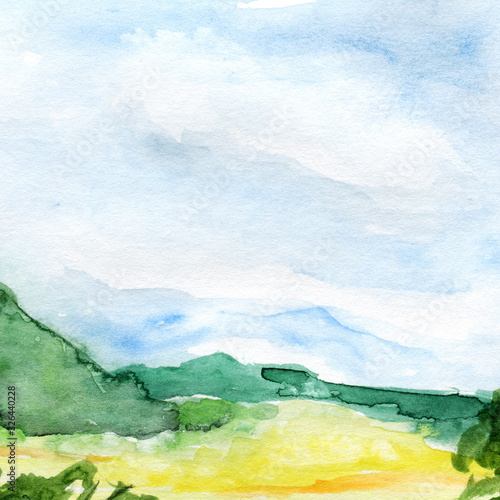 Hand drawn panoramic european landscape watercolor background.