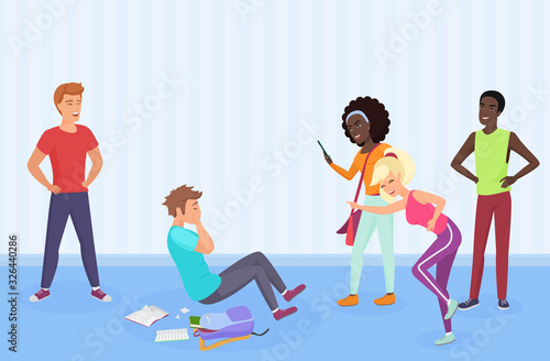 Sad teenage boy surrounded by classmates mocking him, scoffing, cling, intimidate, taking photos on smartphones. Mockery and bullying at school problem cartoon vector illustration