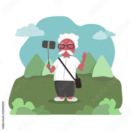selfie senior. old man travel and taking video vlog with smartphone