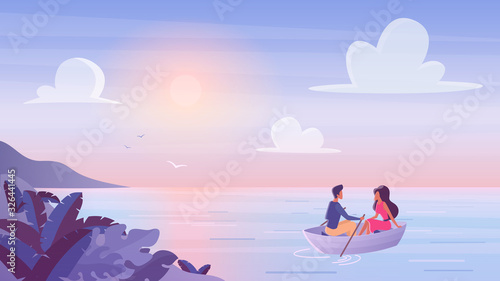 Young couple floating at wooden boat with romantic sunset time. Spend time together riding boat. Love relations, summer time vacation, leisure journey vector illustration