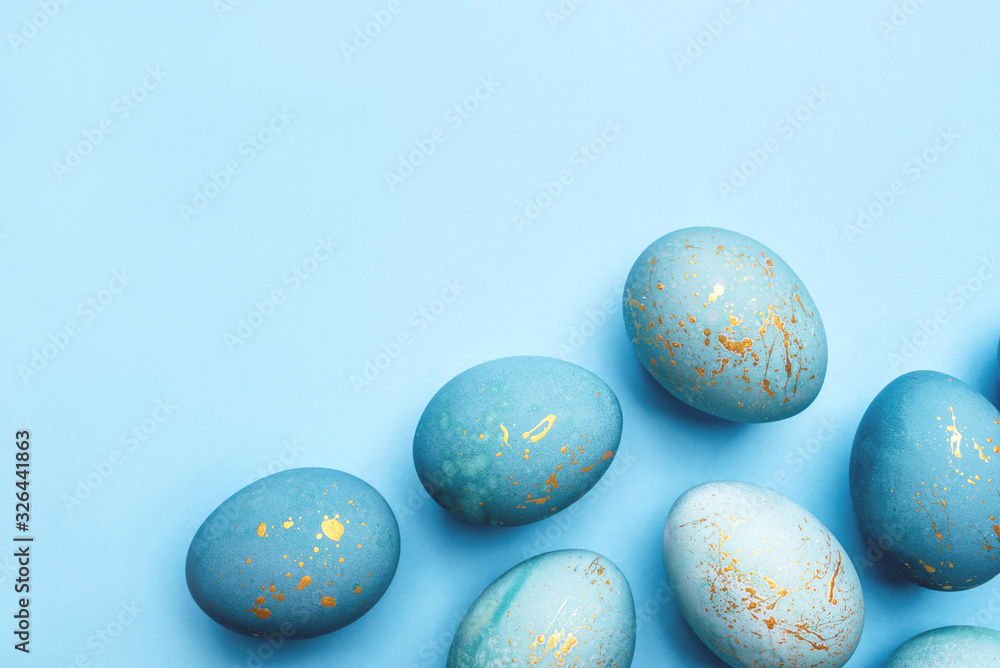 Easter frame of eggs painted in blue color. Flat lay, top view. Easter frame of eggs painted in blue color. Flat lay, top view.