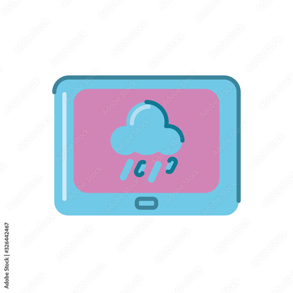 tablet with rainy cloud icon, flat style design tablet with rainy cloud icon, flat style design