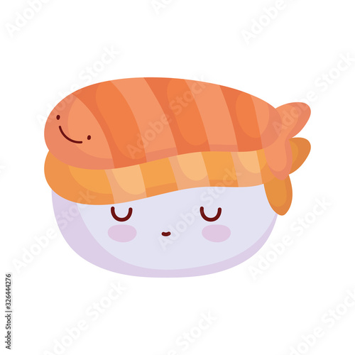 sushi with salmon fish character cartoon food cute line and fill style