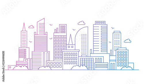 Gradient color line art of modern big city cityscape background with skyscrapers vector illustration