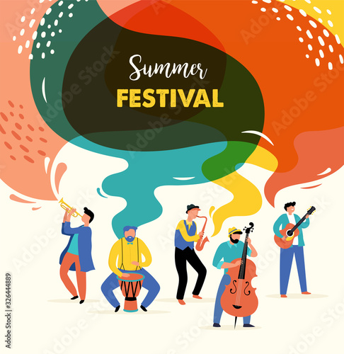 Summer fest, concept of live music festival, jazz and rock, food street fair, event poster and banner colorful vector design