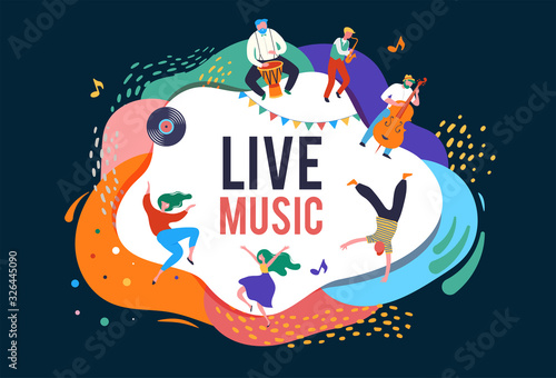 Summer fest, concept of live music festival, jazz and rock, food street fair, family fair, event poster and banner. People dance and play music. Vector design and illustration