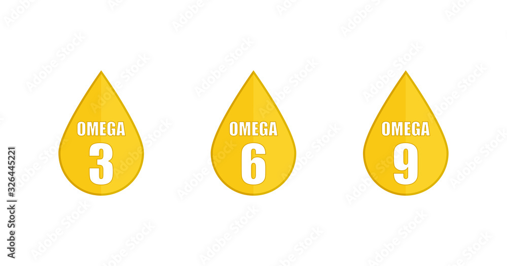 Yellow drop set icons Omega 3 6 9 on white backdrop in flat style. Vector Yellow drop set icons Omega 3 6 9 on white backdrop in flat style. Vector