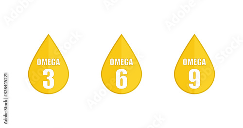 Yellow drop set icons Omega 3 6 9 on white backdrop in flat style. Vector