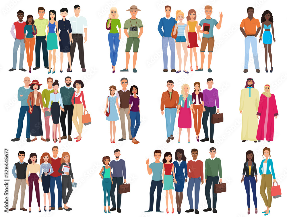 People groups and couples collection. Diverse cartoon humans in office and casual outfits clothes, young students isolated vector illustration