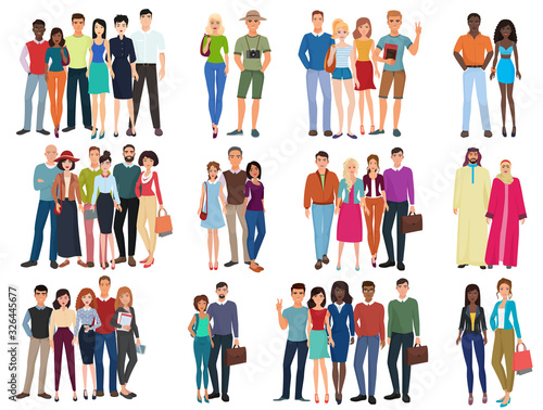 People groups and couples collection. Diverse cartoon humans in office and casual outfits clothes, young students isolated vector illustration © lembergvector