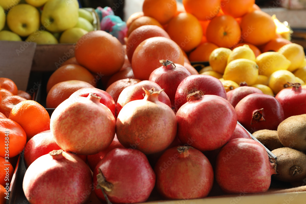 Fresh ripe fruits on counter at wholesale market Fresh ripe fruits on counter at wholesale market