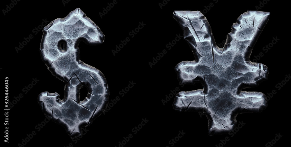 Set of symbols dollar and yen made of forged metal isolated on black background. 3d