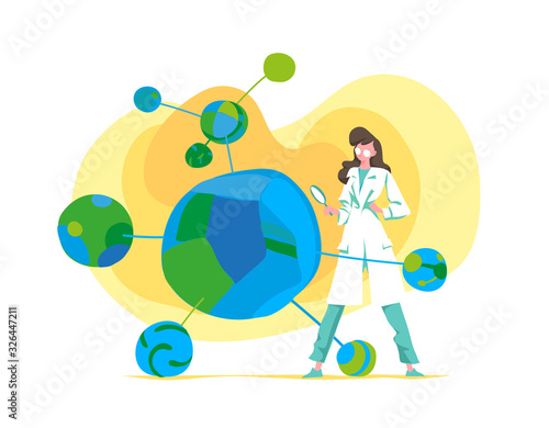 Una donna scienziato, microbiologo, virologo esamina il campione del virus. Analisi batteriologiche - illustrazione vettoriale