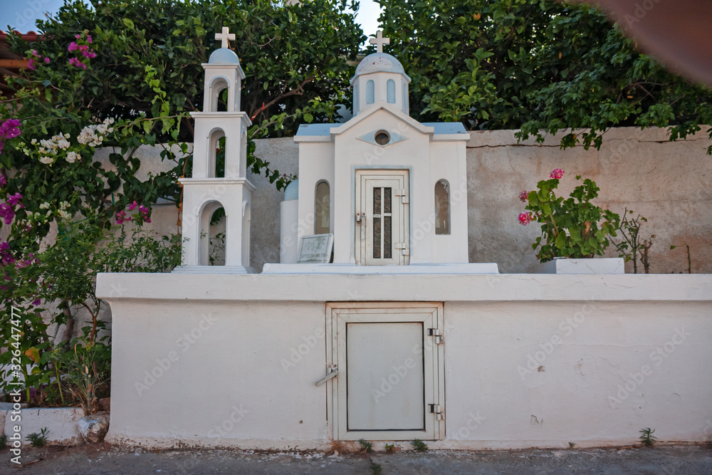 Votive chapel, called ikonostasio, along a road on the island of Crete in Gracia.