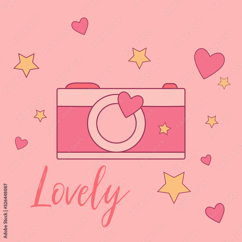 Valentine's card. Postcard with a camera. Lovely Camera. St. Valentine's Day. Vector illustration. Valentine's card. Postcard with a camera. Lovely Camera. St. Valentine's Day. Vector illustration.