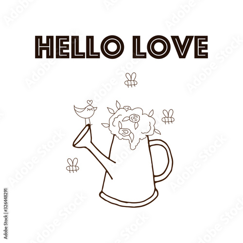 Postcard. Valentine's Day. Hello Love. Bush with flowers in a watering can. Vector illustration. Contour postcard.