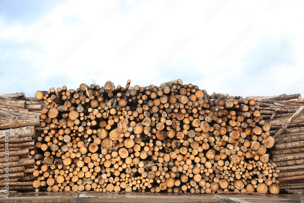 Stacked firewood outdoors. Heating house in winter