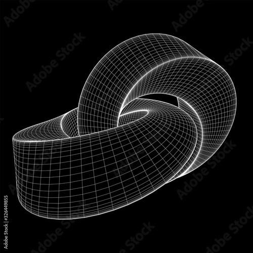 Mobius strip ring knot sacred geometry. Spatial figure with upturned surfaces. Optical illusion with dual circular contour. Wireframe low poly mesh vector illustration.