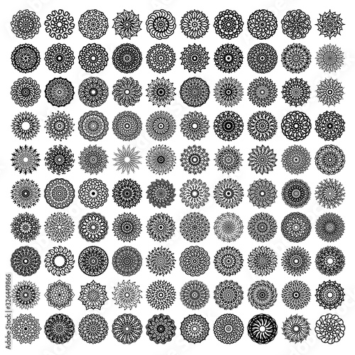 100 mandala set collection - detail vector. precision rose with line art style design. Mandala Tattoo for women art lovers. Inspiring tattoo designs for back, hands, neck, arms, legs and body.