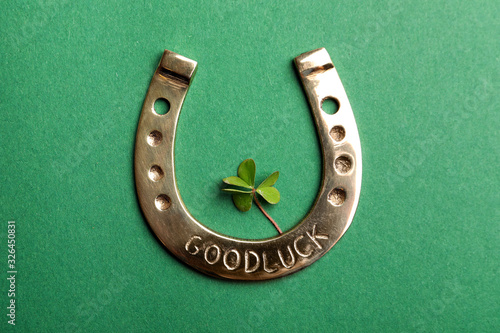 Fotografie Flat lay composition with horseshoe on green background