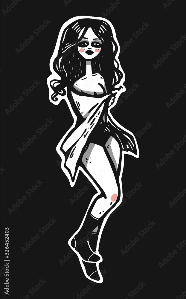Doodle illustration with woman in socks and bath towel. Modern doodle drawing. Funny graphic style. Doodle illustration with woman in socks and bath towel. Modern doodle drawing. Funny graphic style.