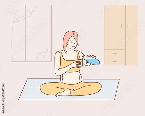 Young pregnant woman pours drinking water into a glass. in the lotus position.Hand drawn style vector design illustrations.