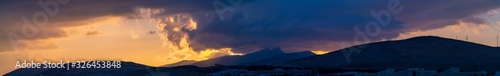  Panorama of Golden Sunset Over The Mountains Silhouette Of A Mountain Range Against The Sky At Sunset