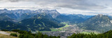 Panorama landscape view from the Wank with a detailed view of Garmisch Partenkirchen and the Zugspitze and other mountains