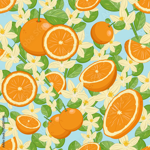 Fresh fruit and branches of oranges, seamless vector background