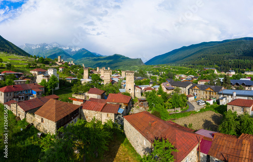 Panoramic view of Svan Towers in Mestia, Svaneti region, Georgia. It is a highland townlet in the northwest of Georgia, at an elevation of 1500 meters in the Caucasus Mountains. © miklyxa