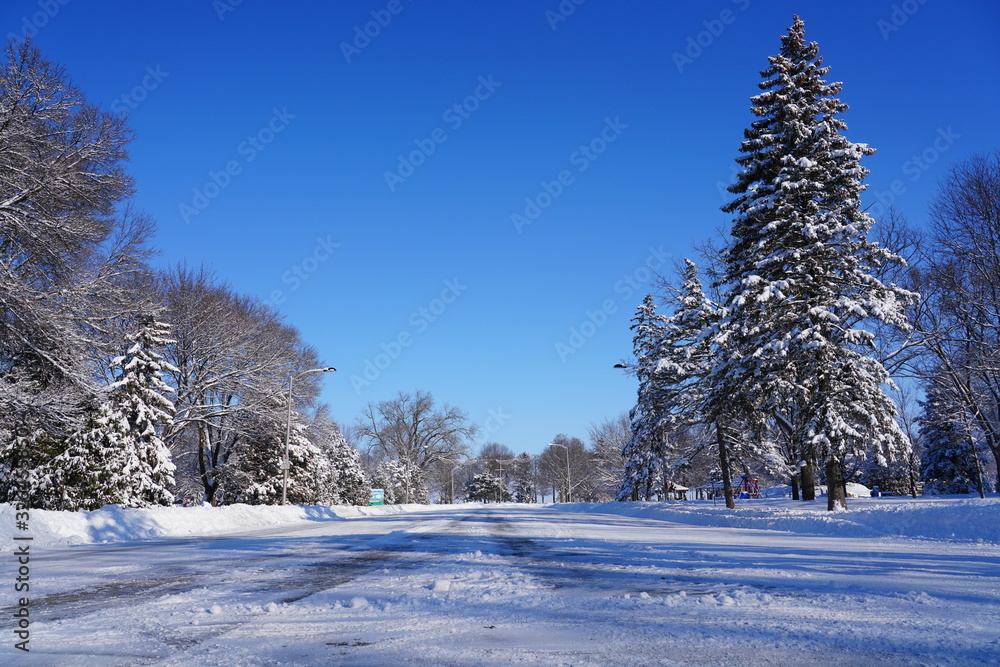 Obraz premium Winter Wonderland landscape view of Lakeside park of Fond du Lac, Wisconsin Winter Season in February 