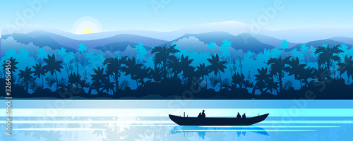 Stock horizontal landscape with rainforest, river and boat in mist. Jungle panorama with palm trees silhouette and rising sun. Exotic vector banner in blue for landing pages, advertisements, flyers.