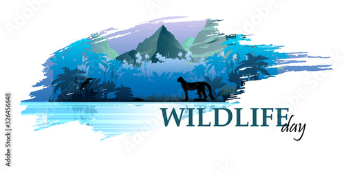Vector stock banner for Wildlife Day with brushstroke, hunting leopard, mountain peaks, water and jungle outline. Rainforest silhouette with palms and exotic plants. Amazonian trendy blue background