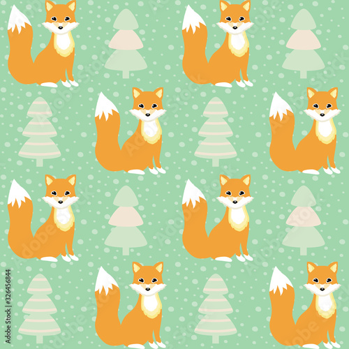 Fototapeta Naklejka Na Ścianę i Meble -  Cute cartoon foxes and pine trees with snowflakes, winter seamlessbackground.