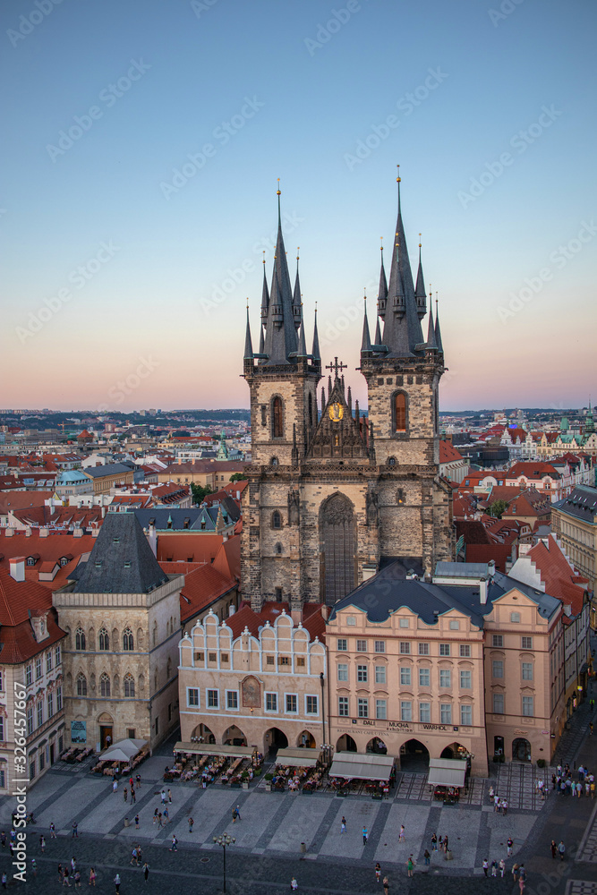 View Tinsko Temple and Central Gallery, Prague, Czech Republic. July 3, 2019